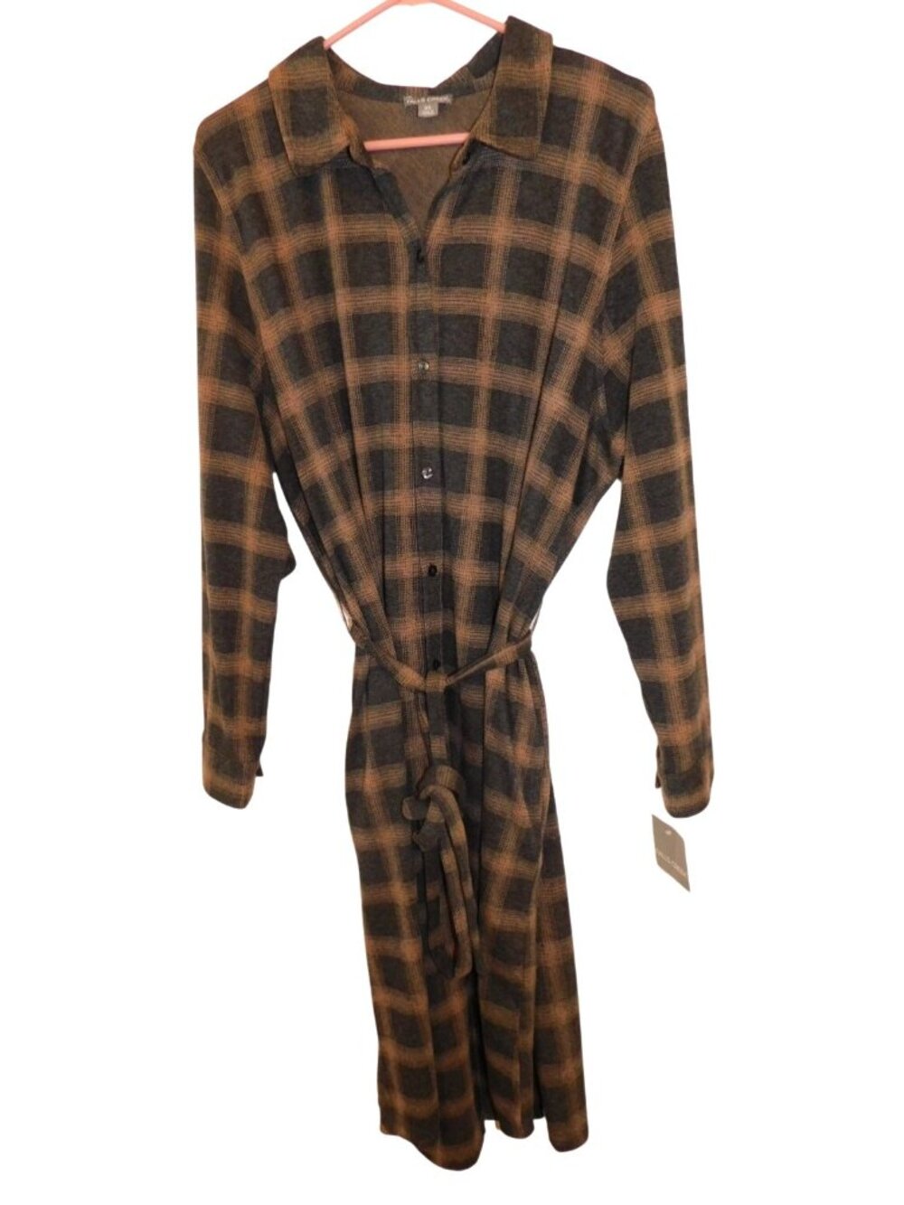 NWT Falls Creek 2X Brown Plaid Shirt Dress Belted Midi Laggenlook Prairie